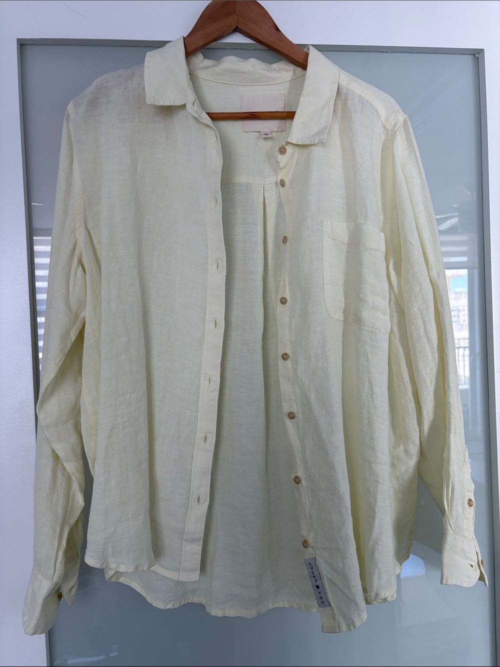 Lucky Brand Pale Yellow Linen Shirt with Wooden Buttons